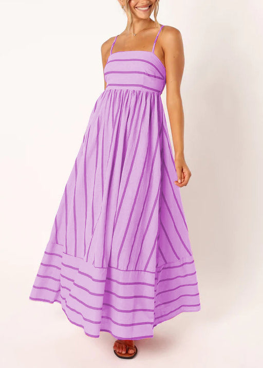Pink Striped Patchwork Cotton Spaghetti Strap Dress Summer