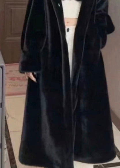 Black Patchwork Mink Velvet Hooded Maxi Trench Coat Winter