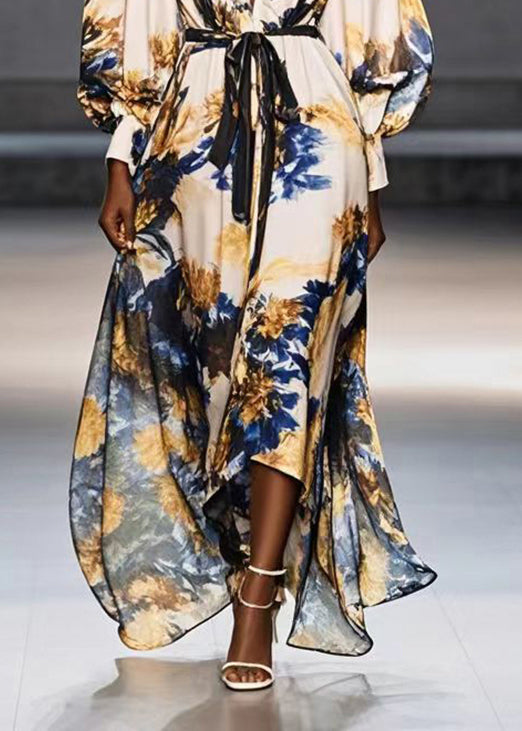 Apricot Tie Waist Print Chiffon Maxi Dresses Fall
