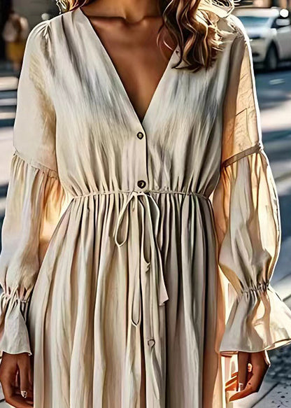 Beige V Neck Drawstring Linen Dress Flare Sleeve
