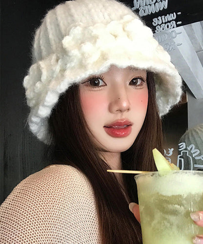 Stylish White Flower Warm Knitted Bucket Hat