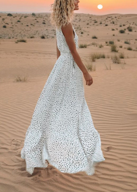 Blue V Neck Dot Print Chiffon Dress Sleeveless