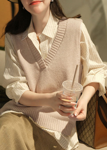 Handmade Khaki V Neck Color Thick Wool Vest Tops Winter