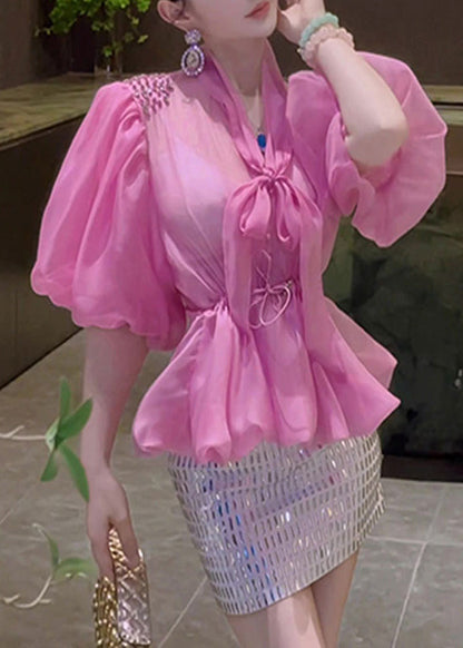 Pink Bow Drawstring Tulle Shirt Puff Sleeve