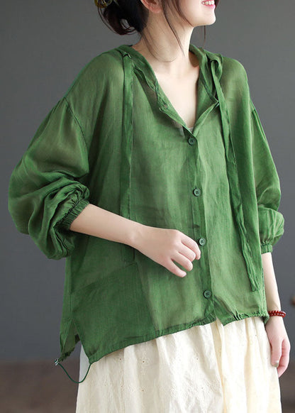 Green Hooded Pockets Patchwork Linen Thin Coat Summer