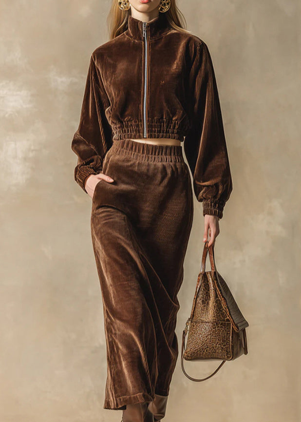 Boutique Chocolate Zip Up Tops and Skirts Cotton Two Pieces Set Fall