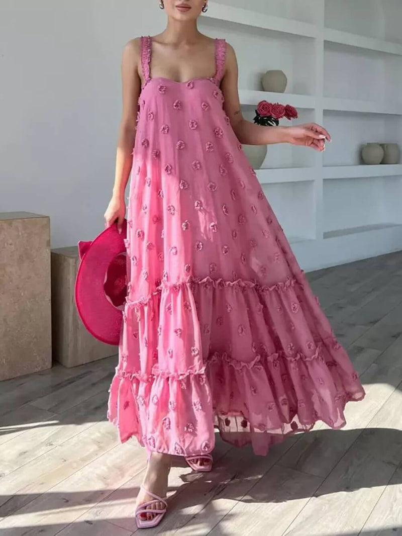 Flower Decor A-line Layered Loose Maxi Dress