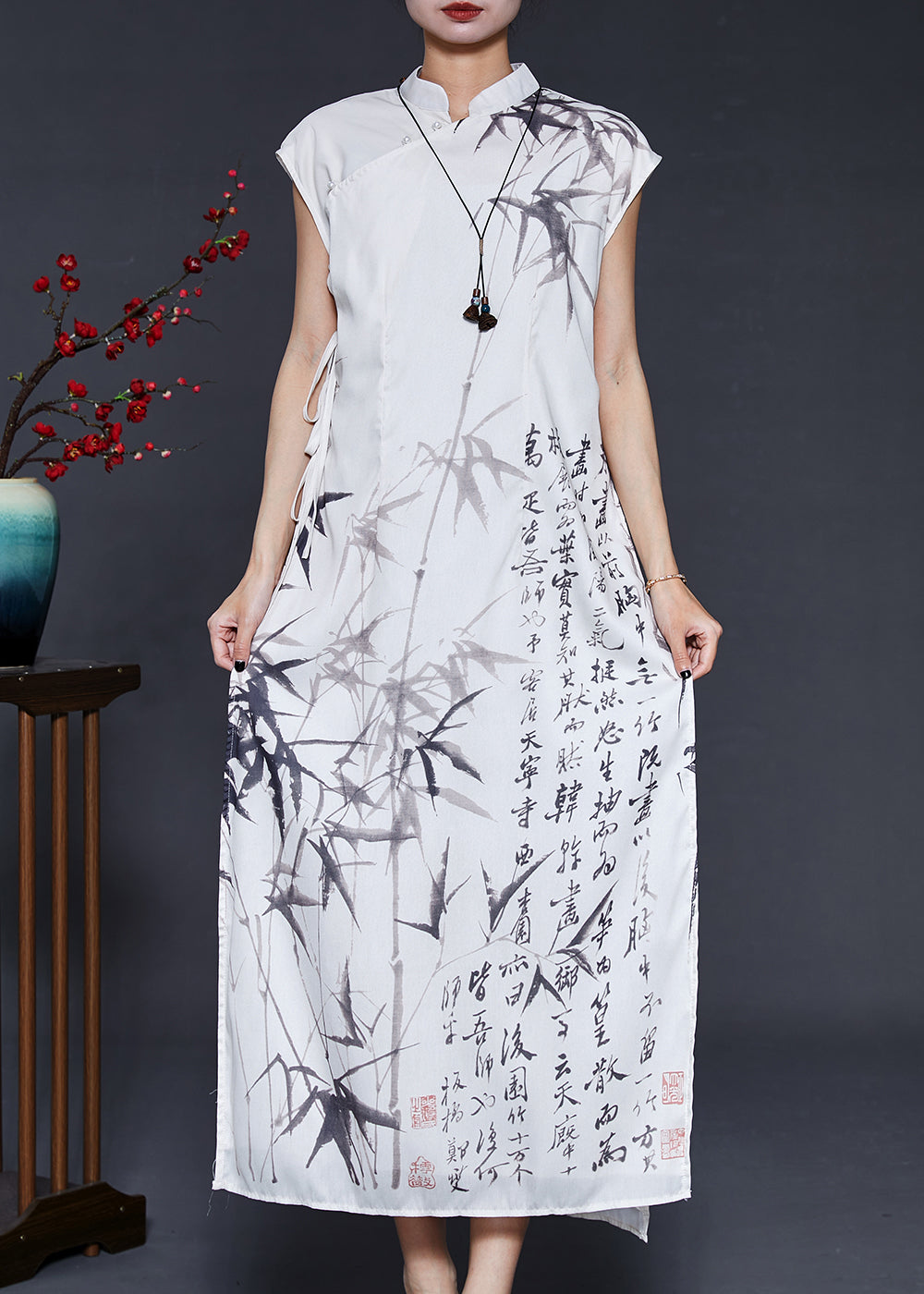 White Print Chiffon Vacation Dresses Cheongsam Sleeveless