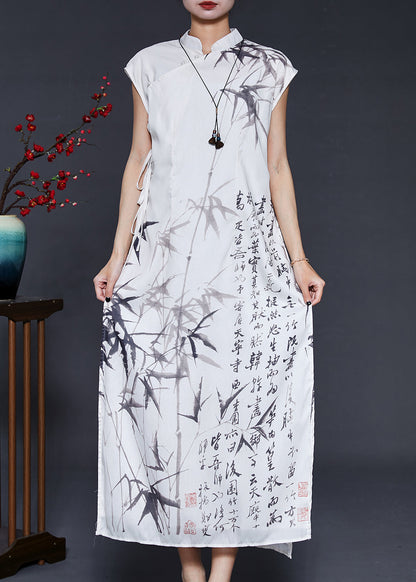 White Print Chiffon Vacation Dresses Cheongsam Sleeveless