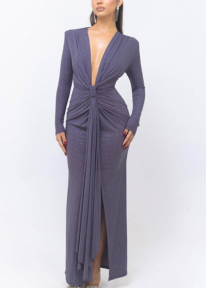Purple Wrinkled Side Open Spring Long Dresses V Neck