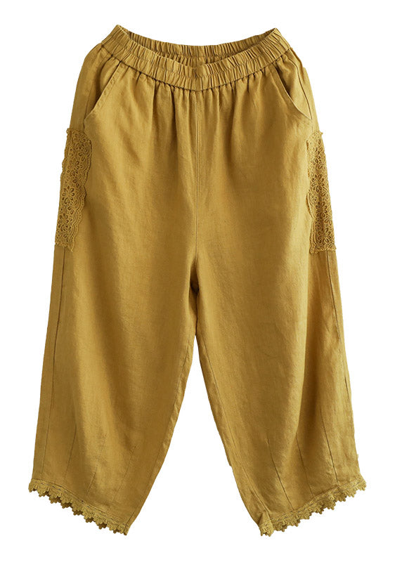 Yellow Elastic Waist Lace Patchwork Harem Pants