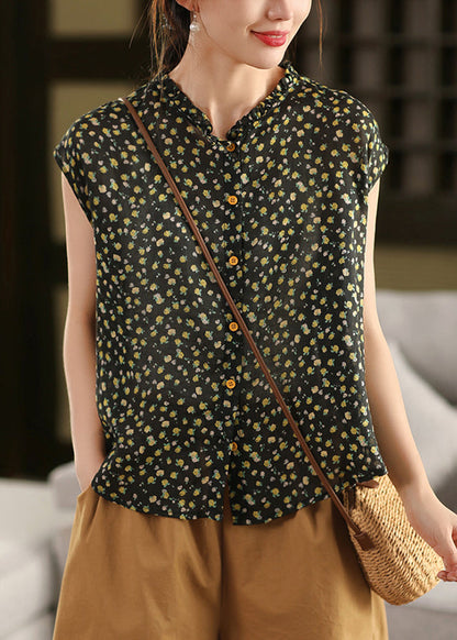 Diy Pink Ruffled Print Linen Tops Sleeveless