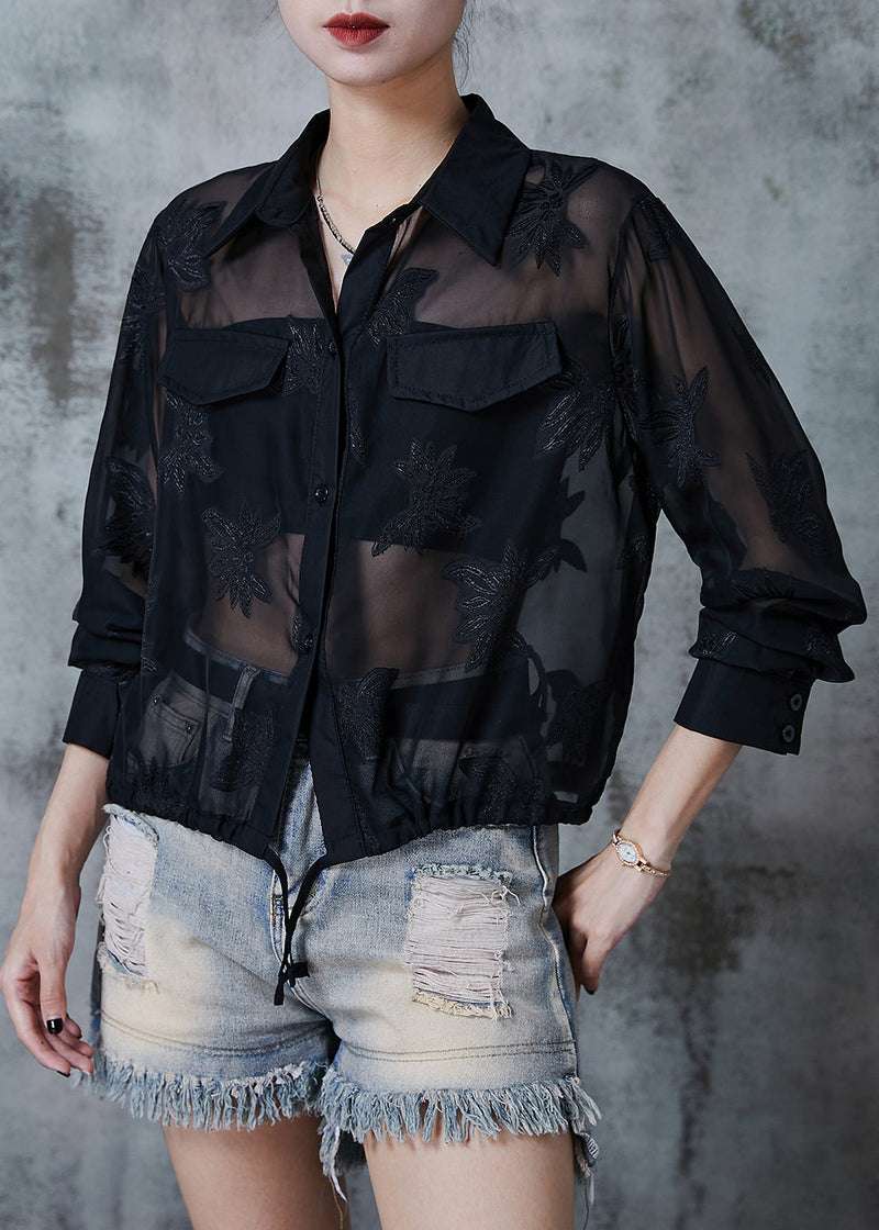 Black Tulle Upf 50+ Coat Jacket Embroidered Drawstring Summer