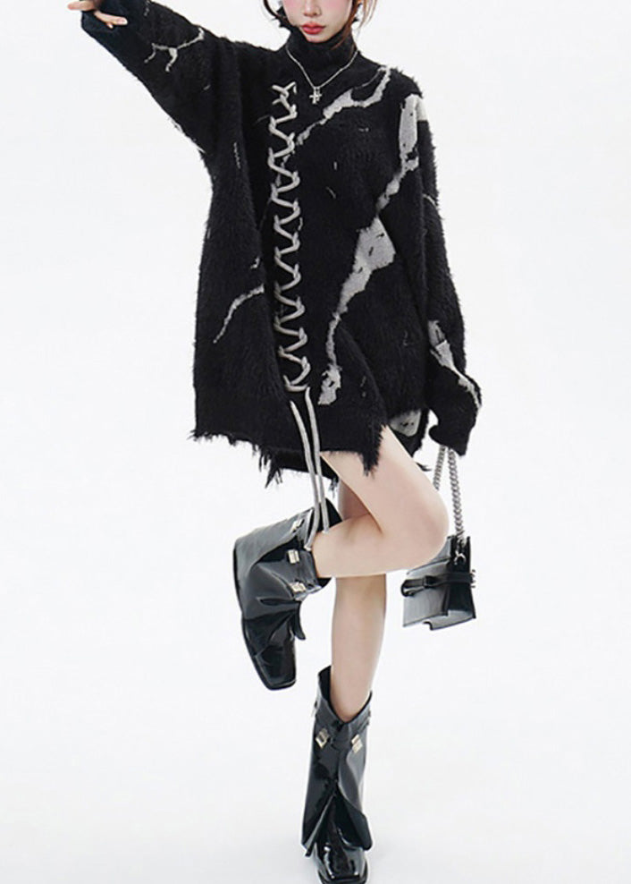 Black High Neck Print Ripped Long Sweater Winter
