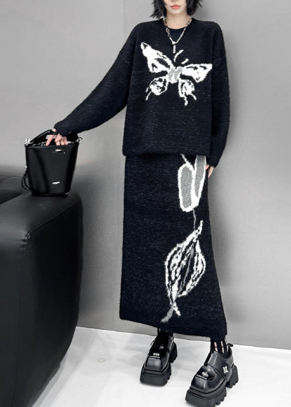 Natural Black O-neck Butterfly Print Cotton Knit Sweater and Maxi Skirts Two Pieces Sets Fall