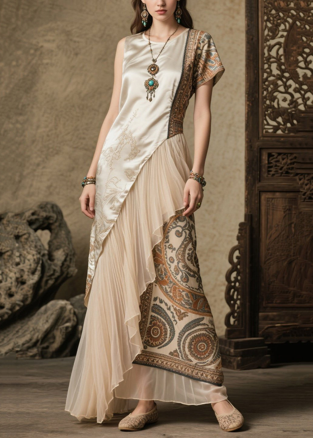 Beige Asymmetrical Patchwork Print Silk Robe Dresses Summer