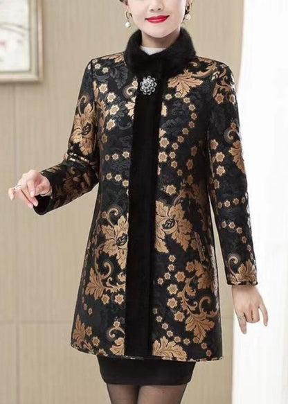 Classy Gold Fur Collar Print Warm Leather and Fur Coats Spring