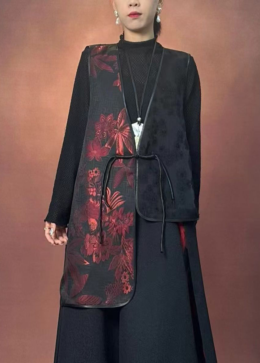 Black V Neck Asymmetrical Embroidered Waistcoat Winter