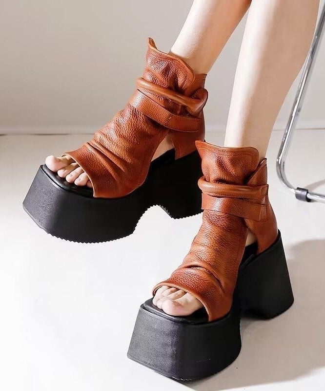 Black Cowhide Leather Splicing Platform Sandals Boots Peep Toe
