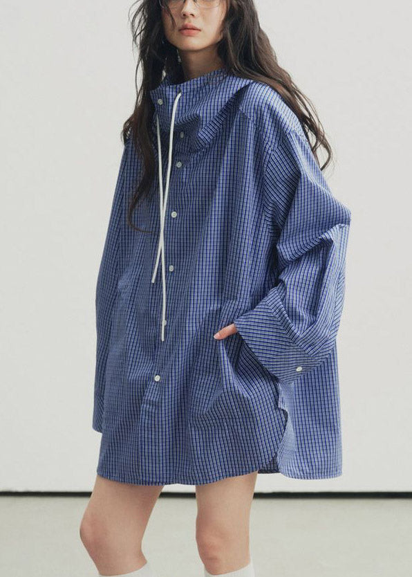 Blue Plaid Drawstring Button Hooded Shirt Lantern Sleeve