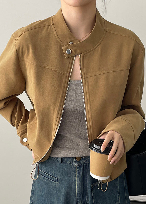 Brown Stand Collar Zippered Faux Suede Coats Fall