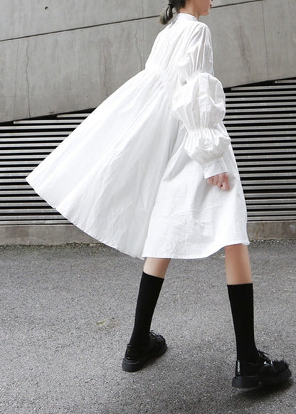 White Cinched Asymmetrical Design Cotton Dress Fall