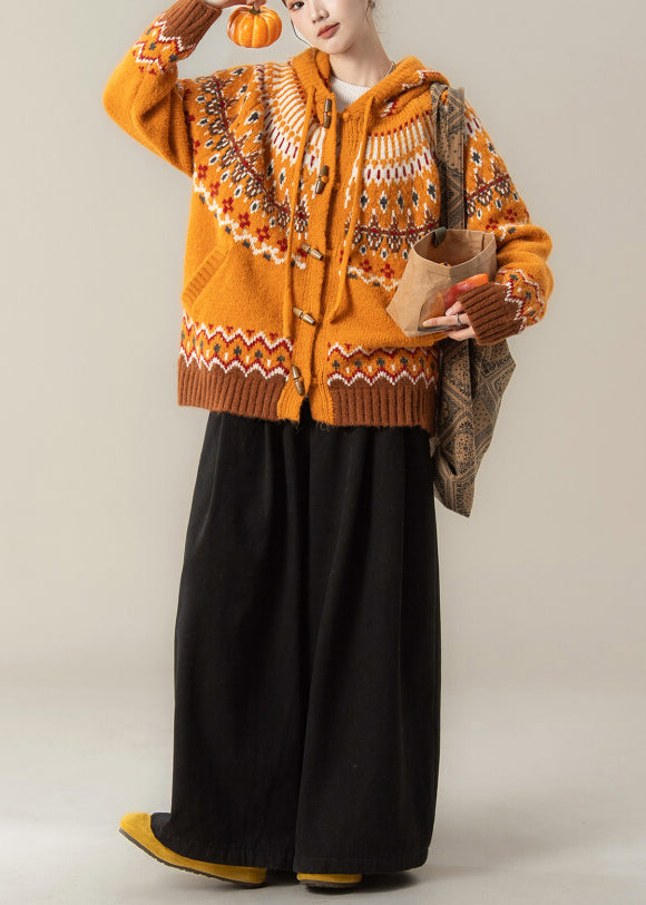Stylish Orange Jacquard Hooded Knit Coat and Wide Leg Pants Two Pieces Set Fall