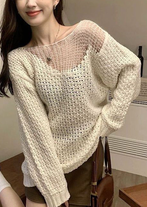 Beige Hollow Out Knit Sweater Spring