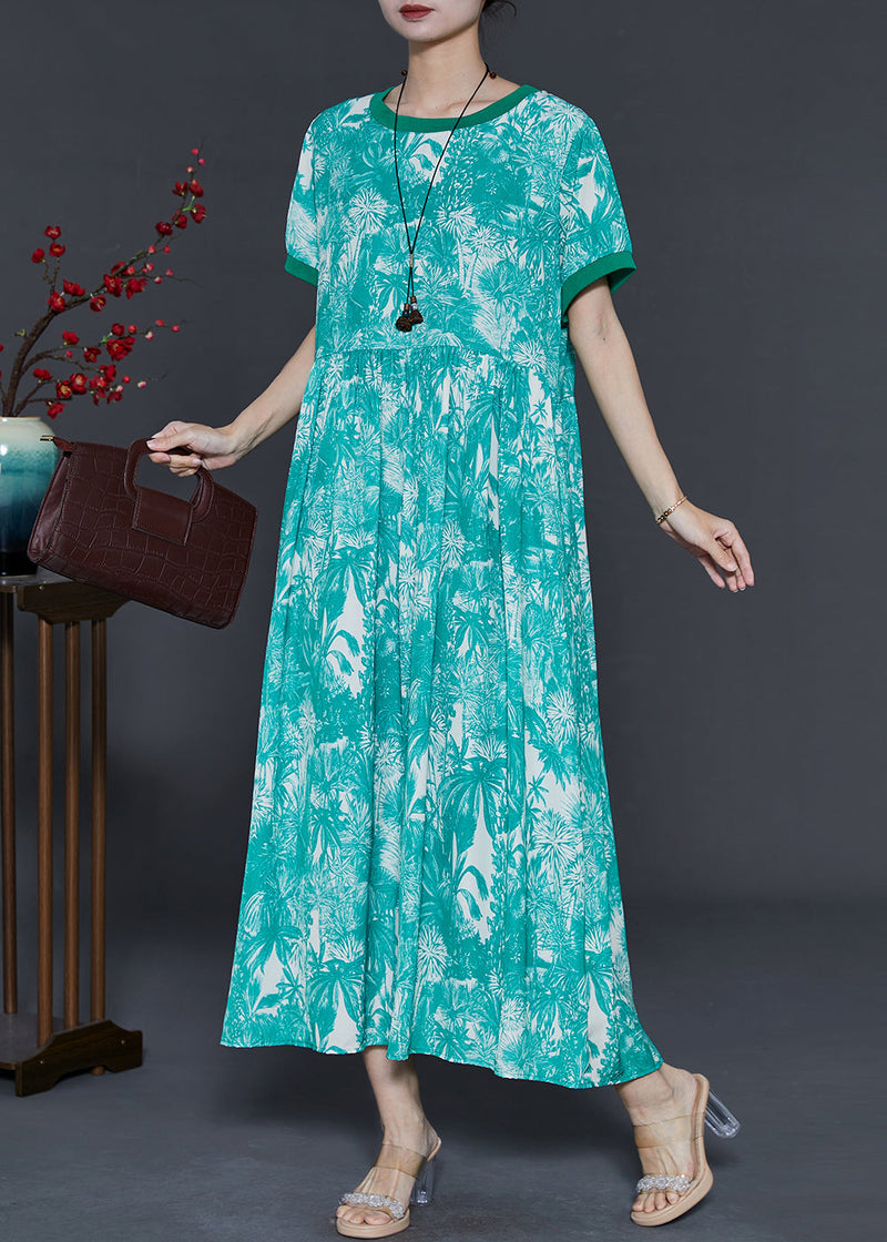 Green Print Exra Large Hem Silk Ankle Dress Summer