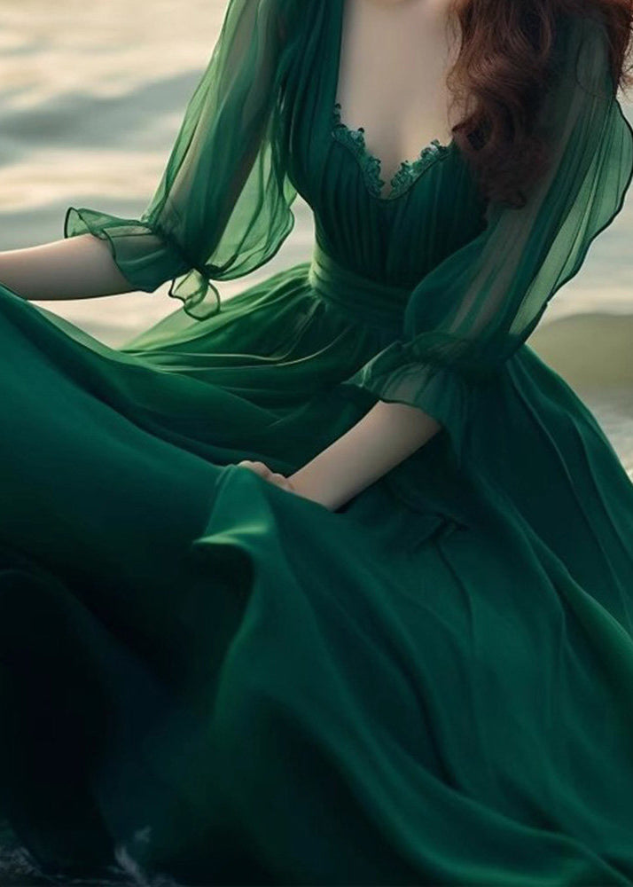 Modern Green V Neck Exra Large Hem Chiffon Maxi Dress Spring