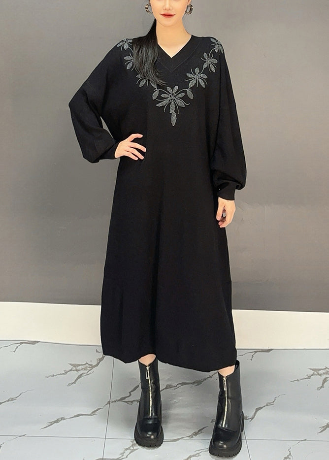 Red V Neck Embroidered Knit Sweater Dress Fall