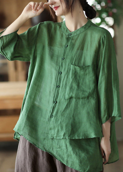 Green Stand Collar Pockets Button Linen Shirt Summer