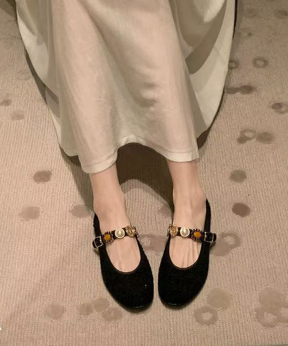 Black Woolen Splicing Flat Shoes Buckle Strap