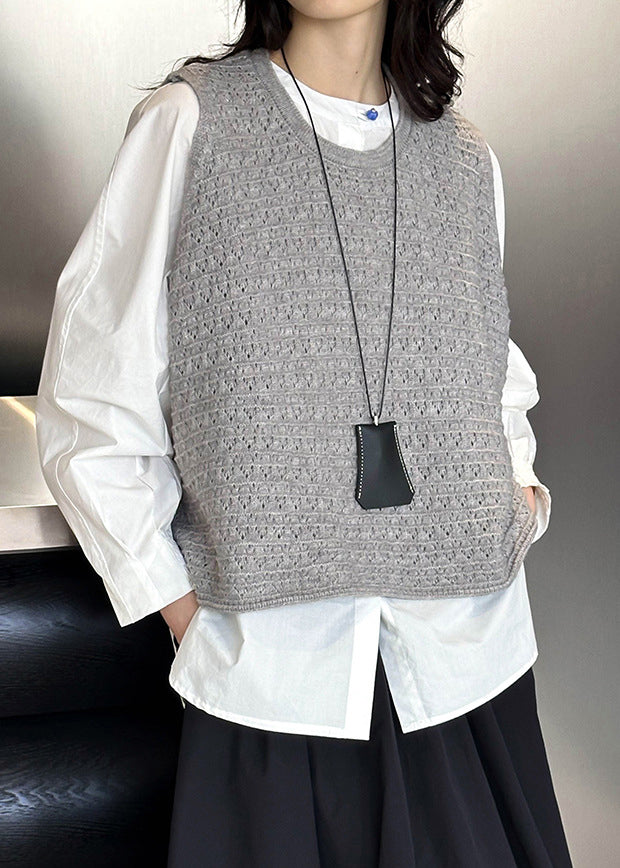 Grey O Neck Hollow Out Knit Vest Sleeveless