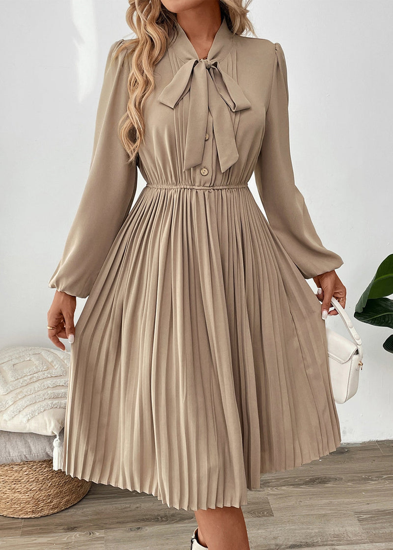 New Apricot Bow Long Sleeved Pleated Dress