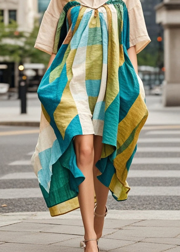 Khaki Asymmetrical Print Cotton Robe Dresses Summer