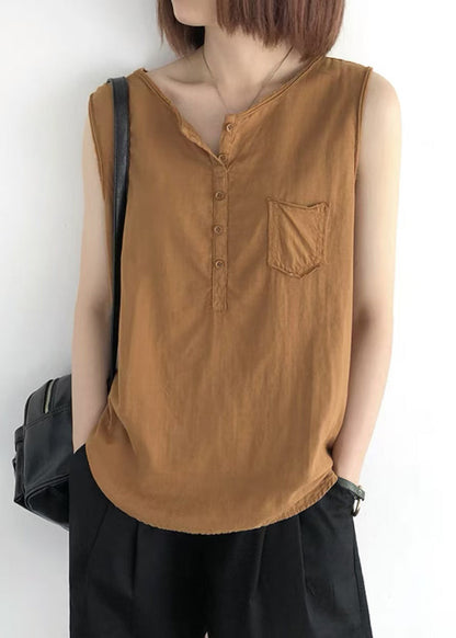 Orange Linen Tops O-neck Pocket Sleeveless