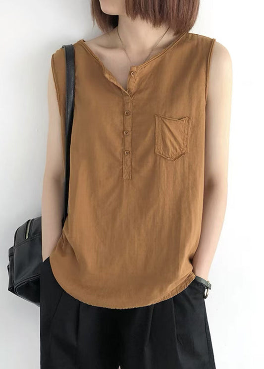 Orange Linen Tops O-neck Pocket Sleeveless