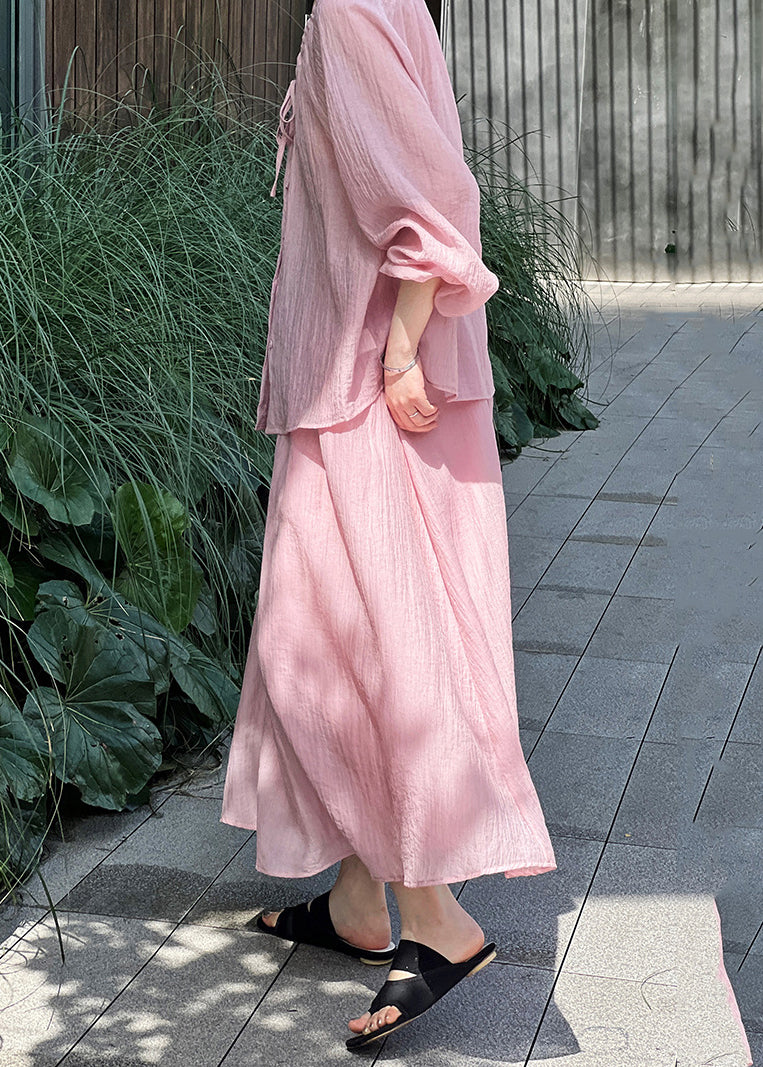 Pink Lace Up Shirt and Skirts Silk Fall Two Pieces Set Wrinkled