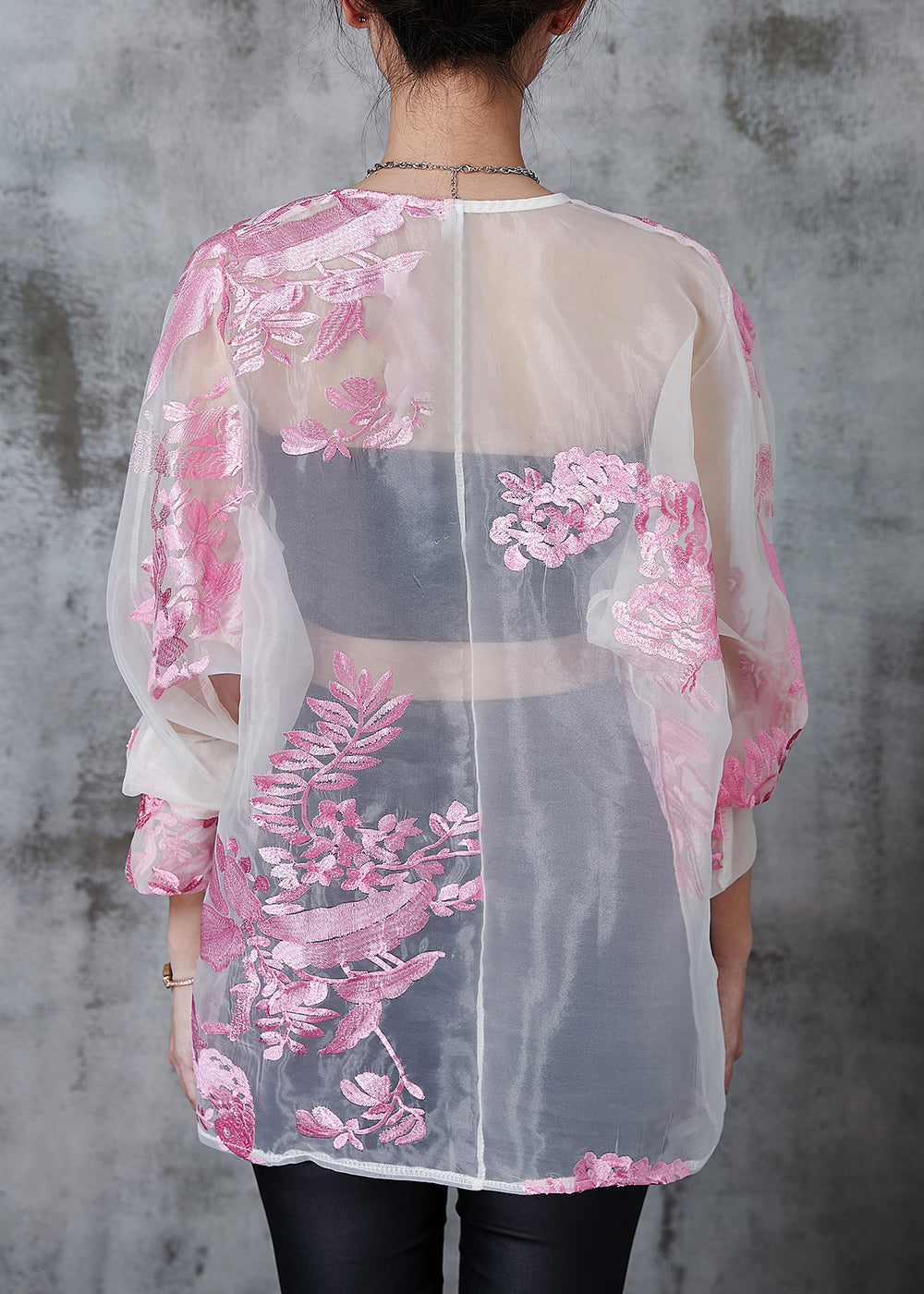 Pink Embroidered Organza Upf 50+ Tops Summer