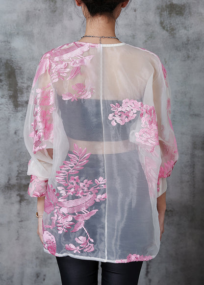 Pink Embroidered Organza Upf 50+ Tops Summer