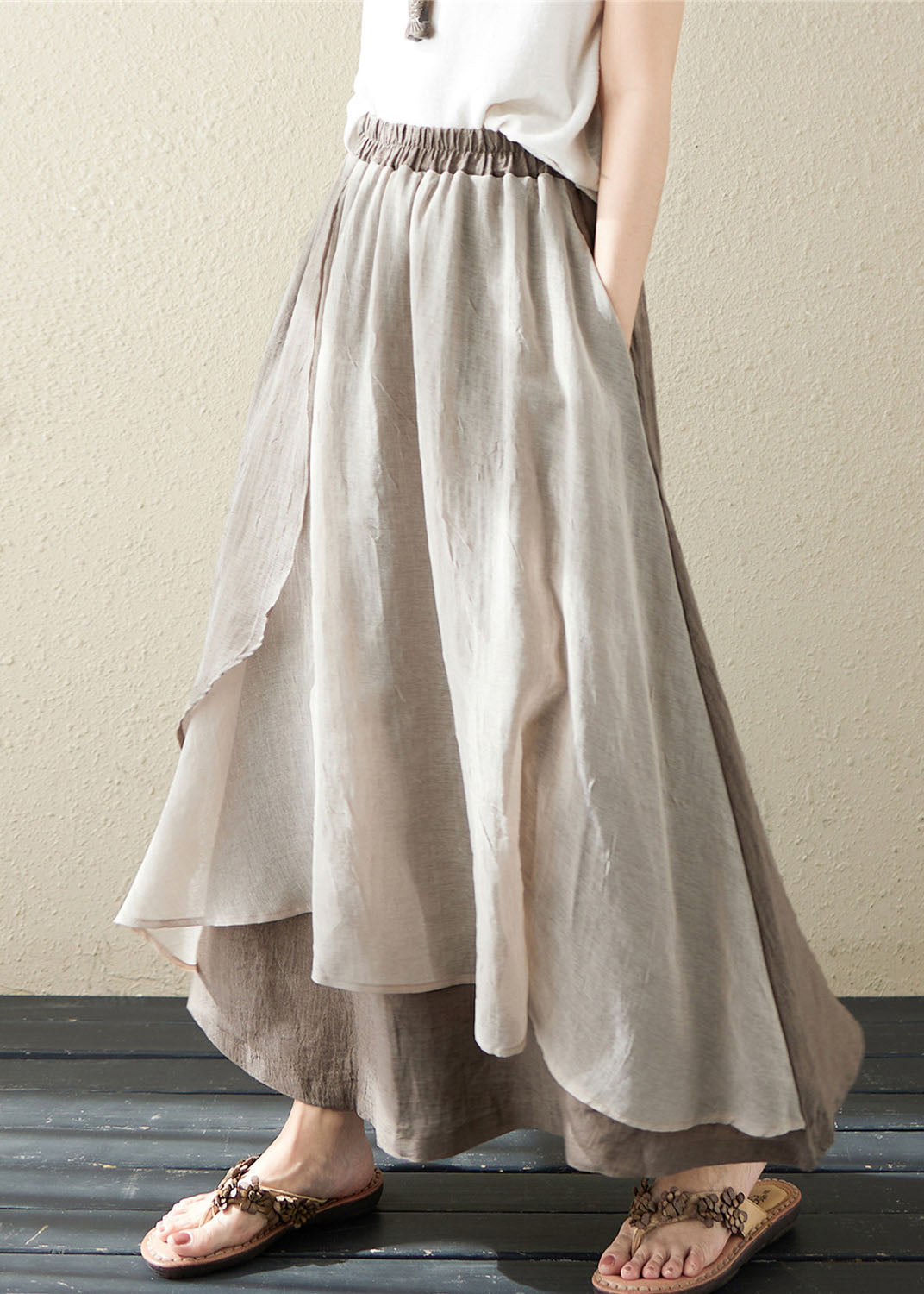 Khaki Pockets Asymmetrical Design Patchwork Linen Skirt