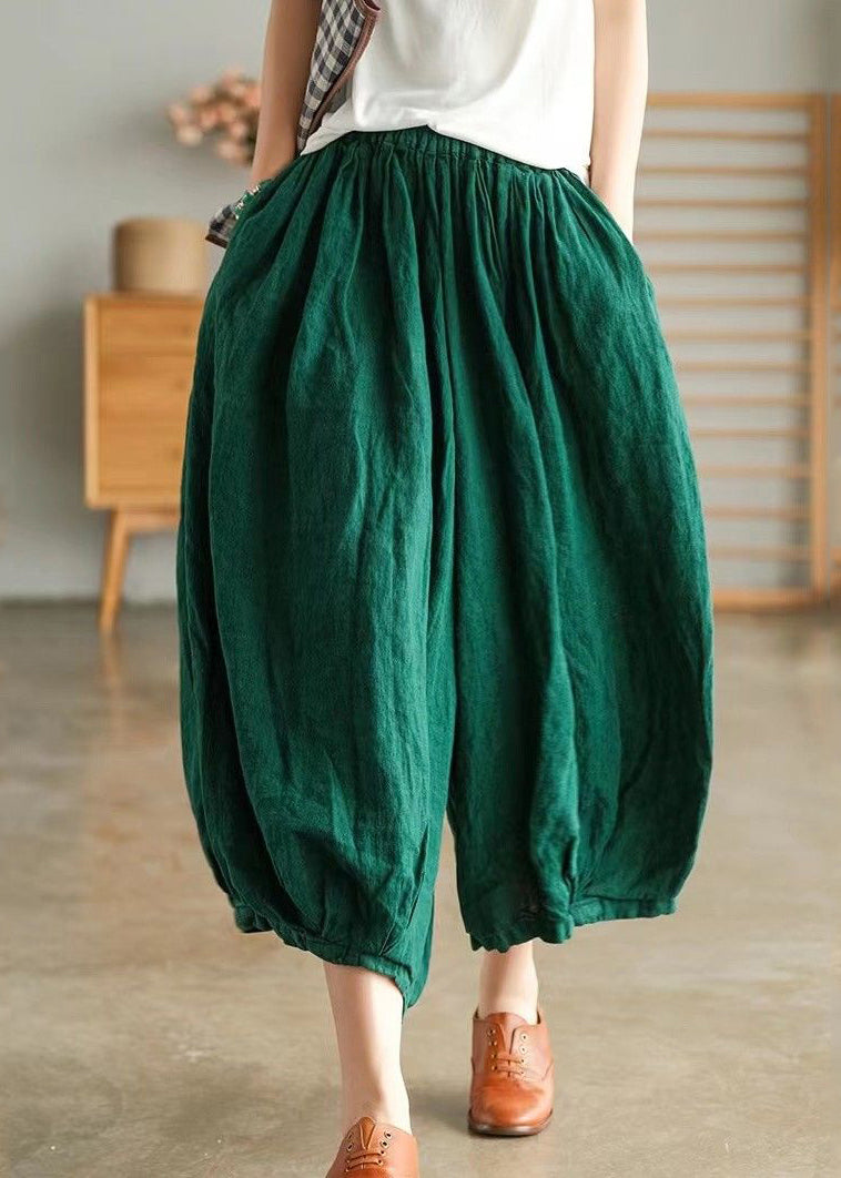 Green Pockets Linen Crop Pants Summer