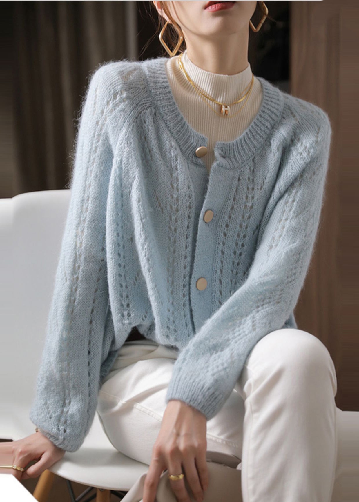 Sky Blue Oversized Chunky Knit Cardigan Spring