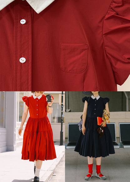 Navy Button Pockets Cotton Dress Peter Pan Collar Puff Sleeve