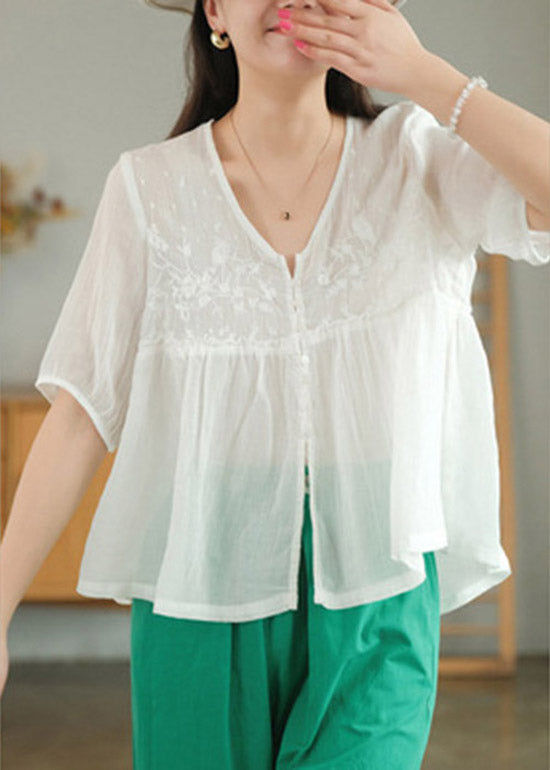 White V Neck Embroidered Patchwork Button Linen Shirt Half Sleeve