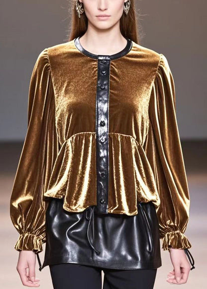 Golden O-neck Patchwork Silk Velour Tops Fall