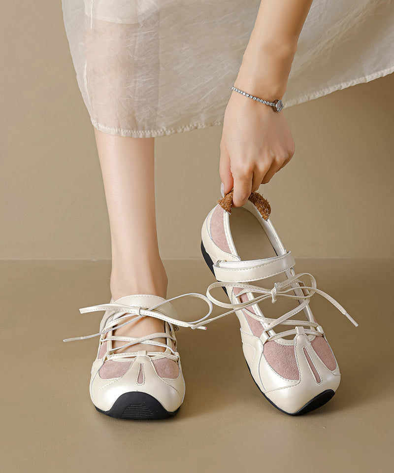 Splicing Platform Flat Shoes Black Cowhide Leather Lace Up