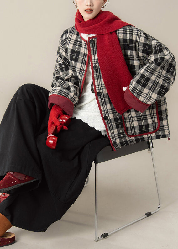 Plaid Black O Neck Pockets Coat and Pants Cotton Filled Two Pieces Set Winter