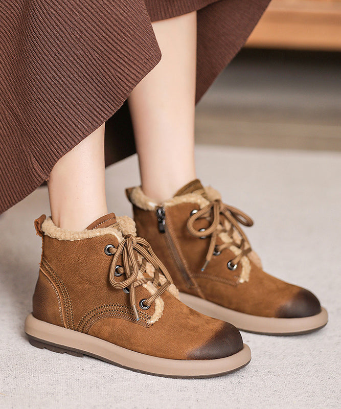 Khaki Cowhide Leather Boots Lace Up Fuzzy Wool Lined